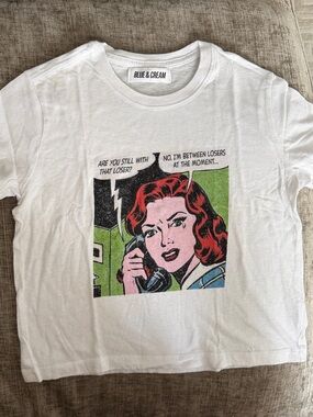Blue & Cream White Tee with Pop Art Red-Haired Graphic